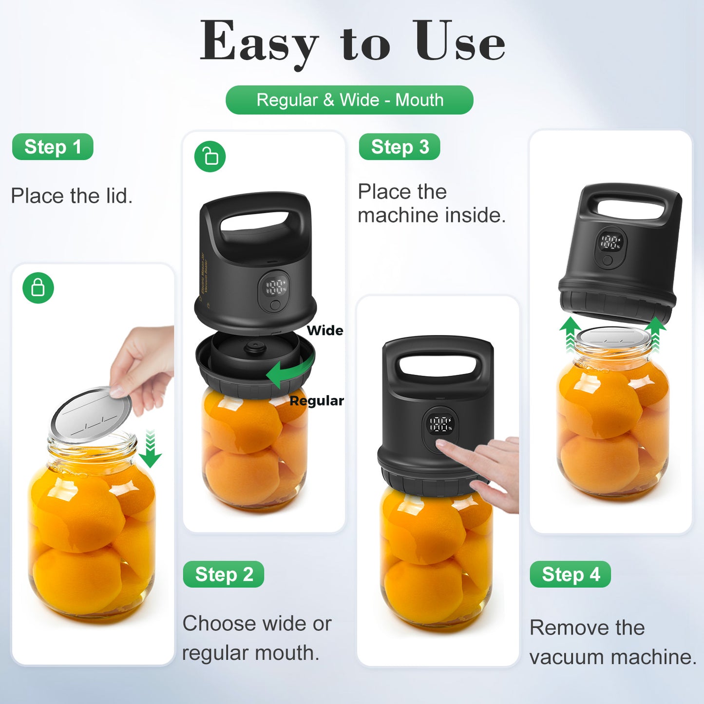 Fully Auto Stop Mason Jar Vacuum Sealer,Upgrade Smart Vacuum Sealer Kit for Mason Jars, Wide & Regular Mouth Canning Jars,White Electric, Canning Jar Sealer for Food Preservation