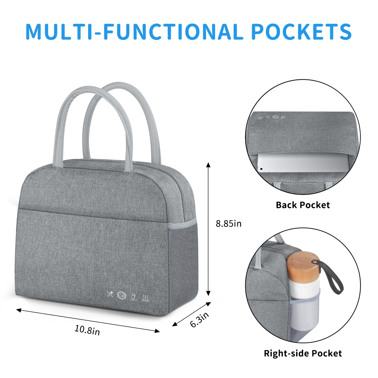 DALINDA Lunch Bag Lunch Box for Women Men Reusable Insulated Lunch Tote Bag,Leakproof Thermal Cooler Sack Food Handbags Case High Capacity forTravel Work School Picnic- Grey