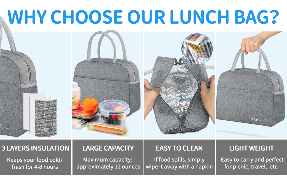 DALINDA Lunch Bag Lunch Box for Women Men Reusable Insulated Lunch Tote Bag,Leakproof Thermal Cooler Sack Food Handbags Case High Capacity forTravel Work School Picnic- Grey